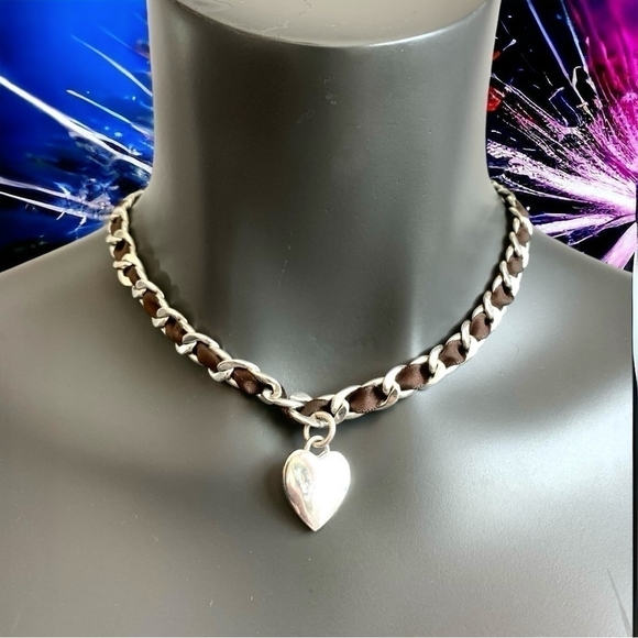 Women Jewelry Set Interlaced Brown Silver Heart Pendant Necklace & Bracelet Set - Picture 2 of 6